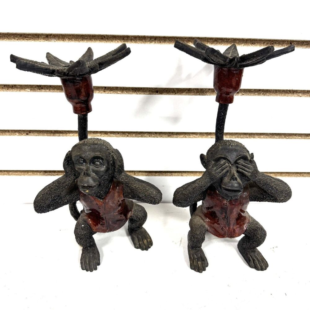 VTG Monkey Chimp Palm Tree See Hear No Evil - 2 Taper Candle Holders Sticks READ